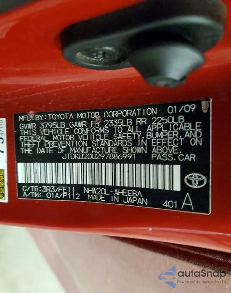 2009 Toyota Prius из США, поврежденный, VIN JTDKB20U297886991